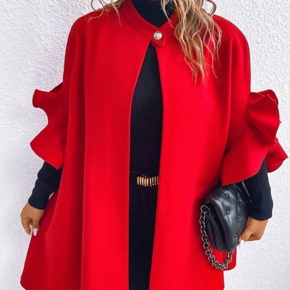 Plus Ruffle Trim Batwing Sleeve Overcoat Red - Picture 4 of 6